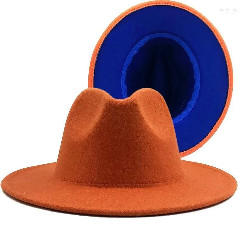 Brede rand hoeden buiten oranje eenvoudige binnenblauwe wol vilt jazz fedora met dunne riem gesp gemelen vrouwen panama trilby cap 56-58-60 cm davi22