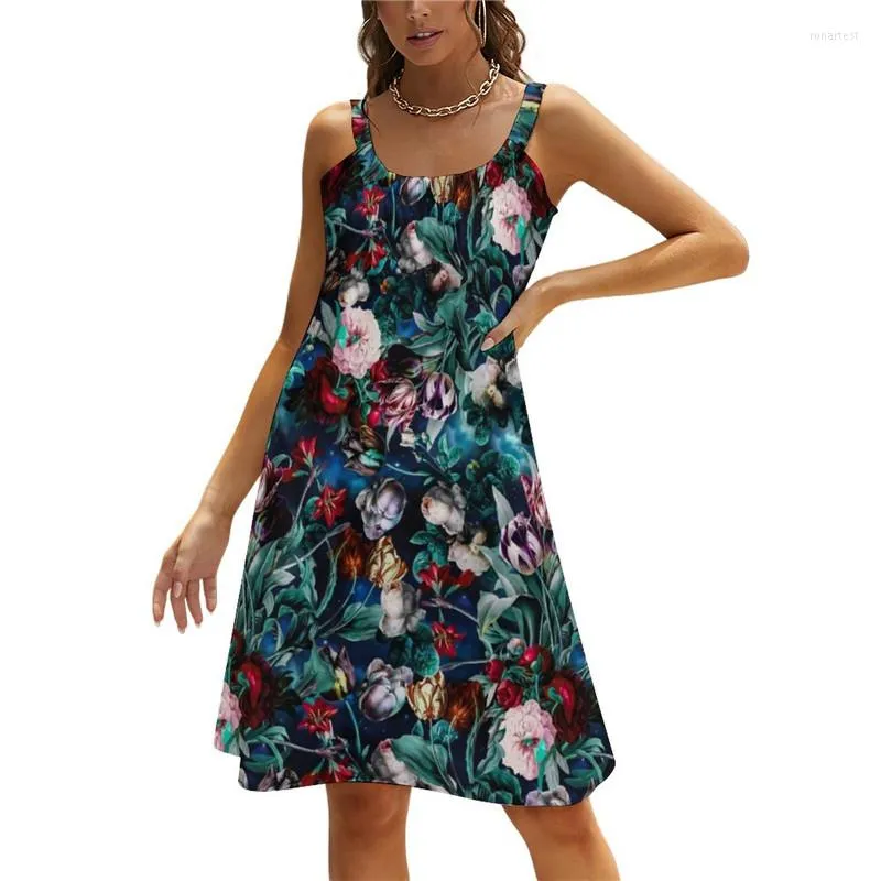 Vestidos casuais 2023 vestido floral antigo, feminino sem mangas, simples verão Boho Beach Roupas de grandes dimensões