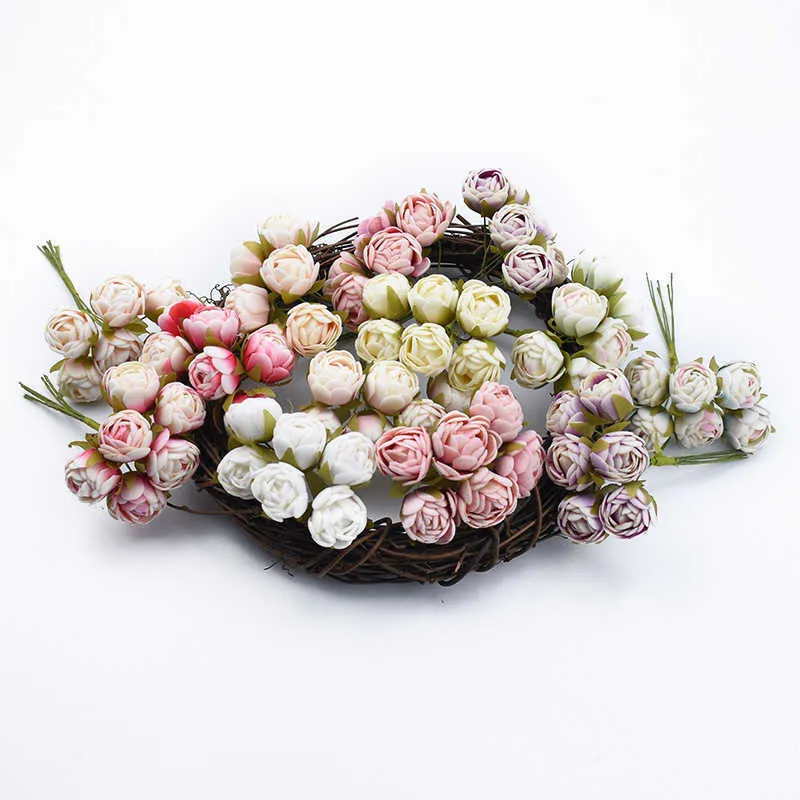 Couronnes de fleurs décoratives 6 pièces MINI Bouquet de Roses de thé multicolore accessoires de décoration de maison guirlande de noël boîte de cadeaux de mariage fleurs artificielles pas cher