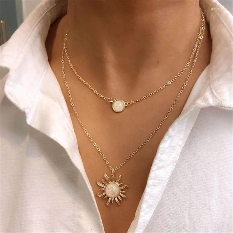 Hanger kettingen multi -layer zon bloem choker ketting voor vrouwen Bijoux Boheemian collier mode opaal sleutelbeen keten sieraden