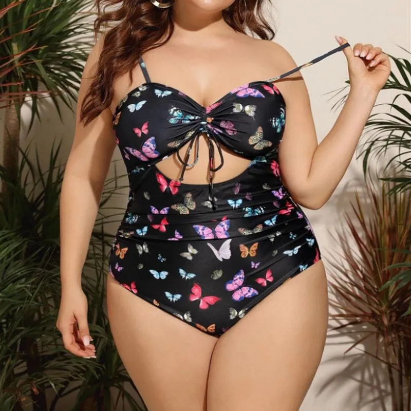 Women's Swimwear Oversized Swimwears Sexy Black Butterfly One Piece Suits Swimsuit Drawstring Large Size Bathing Suit Beach Swim