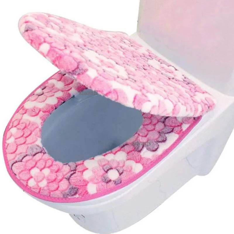 Toilet Seat Covers 2PCS/set Luxury Cover Floral Printed Accessories Soft Plush Bath Mat Easy To Install Machine Washable- Pink