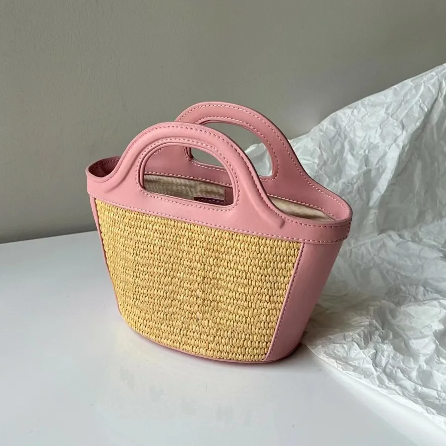 Micro Bolsa Designer Tropicalia Em Couro Marrom e Ráfia Bolsas de Praia Painéis de Tecido Trançado Ferragens Douradas Bolsas de mão Letras Bordadas Palha Bolsas artesanais