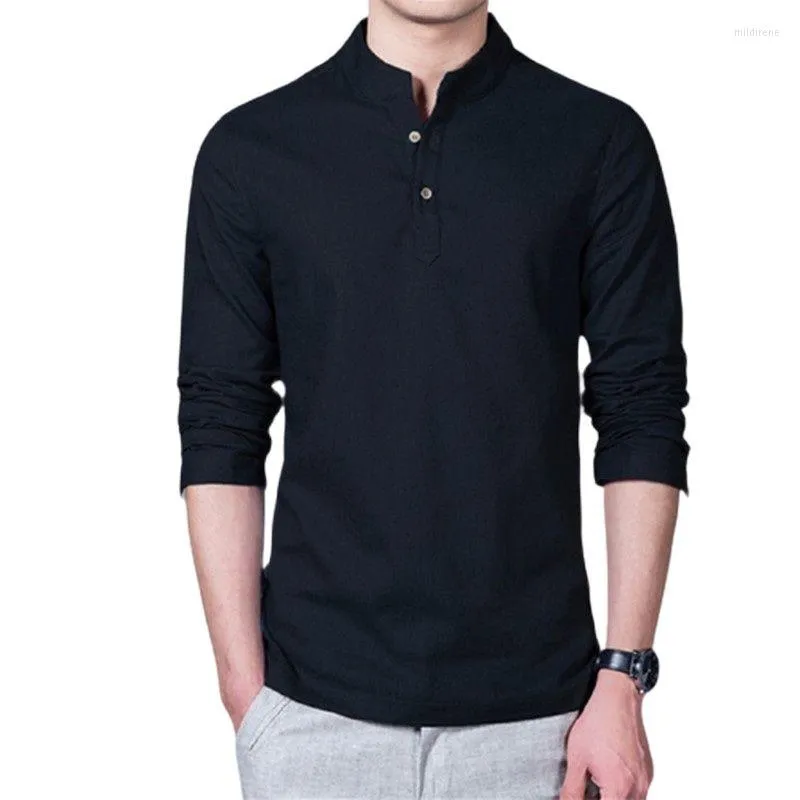 Мужская рубашка для мужской одежды 2023 Мужская льняная футболка мужская модная стойка воротник с длинными рукавами.
