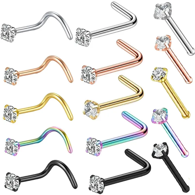 15pcs/lot 2.5mm Nose Rings & Studs with Piercing for Women Girl Stainless Steel Diamond Crystal Stone Fashion Jewelry Wholesale