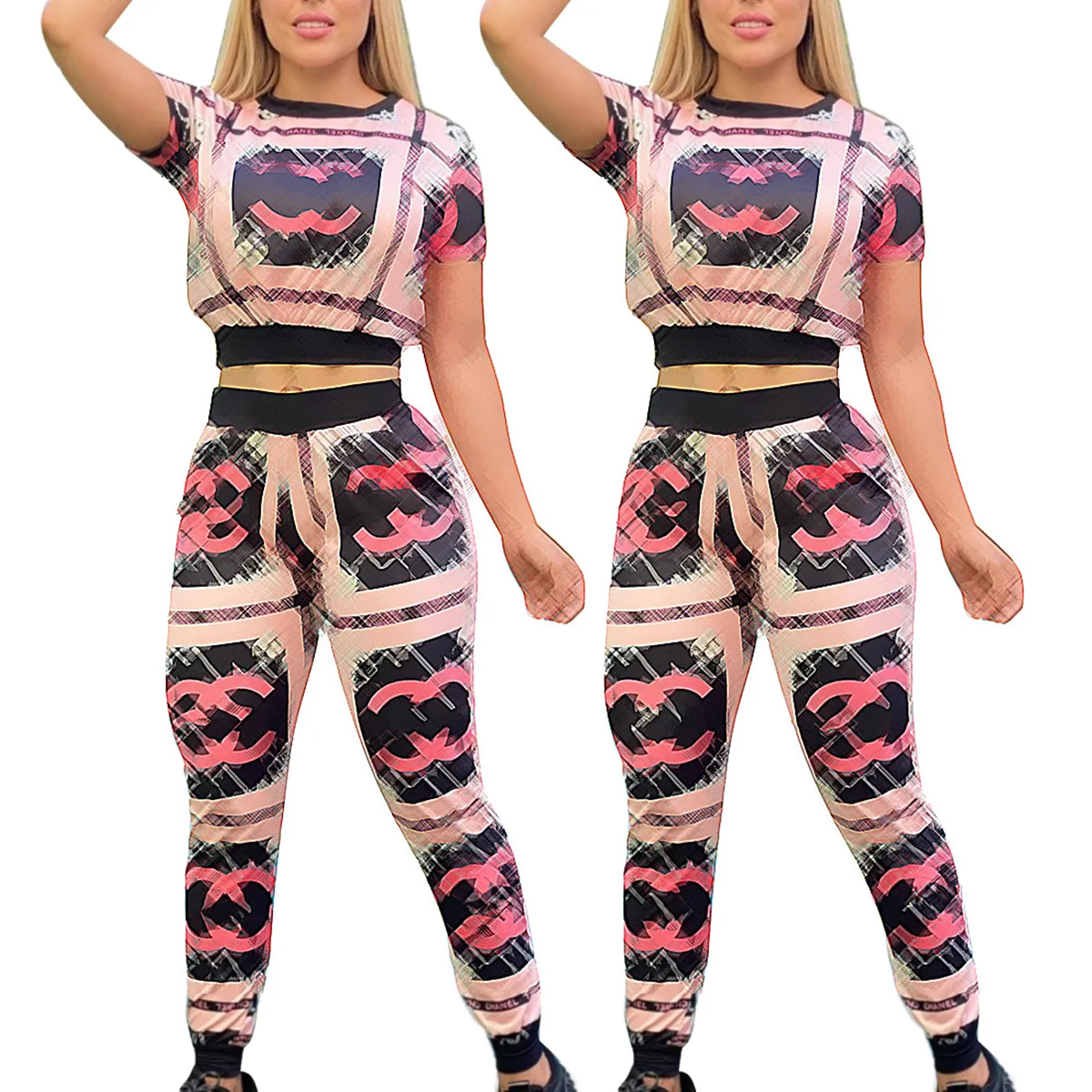 J2695 Fashion Summer Printed Tracksuits For Women Short Sleeve Round Neck Kort toppar och Slim Pants Casual Brand 2 Piece Set