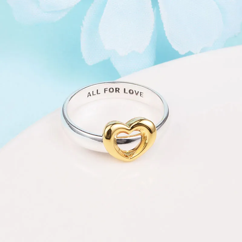 925 Sterling Silver Radiant Two-tone Sliding Heart Band Ring Fit Pandora Jewelry Engagement Wedding Lovers Fashion Ring