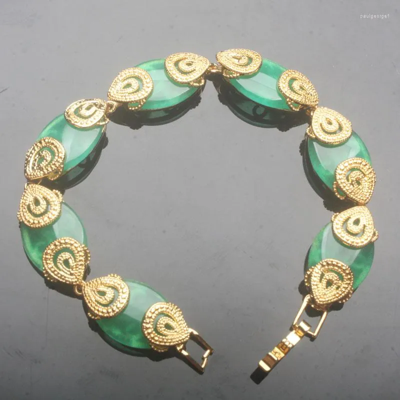 Charm Bracelets Charming 13X18MM Imitation Jades Marquise Beads Hollow Cutting Inlaid Cameo Bracelet 7.5"L