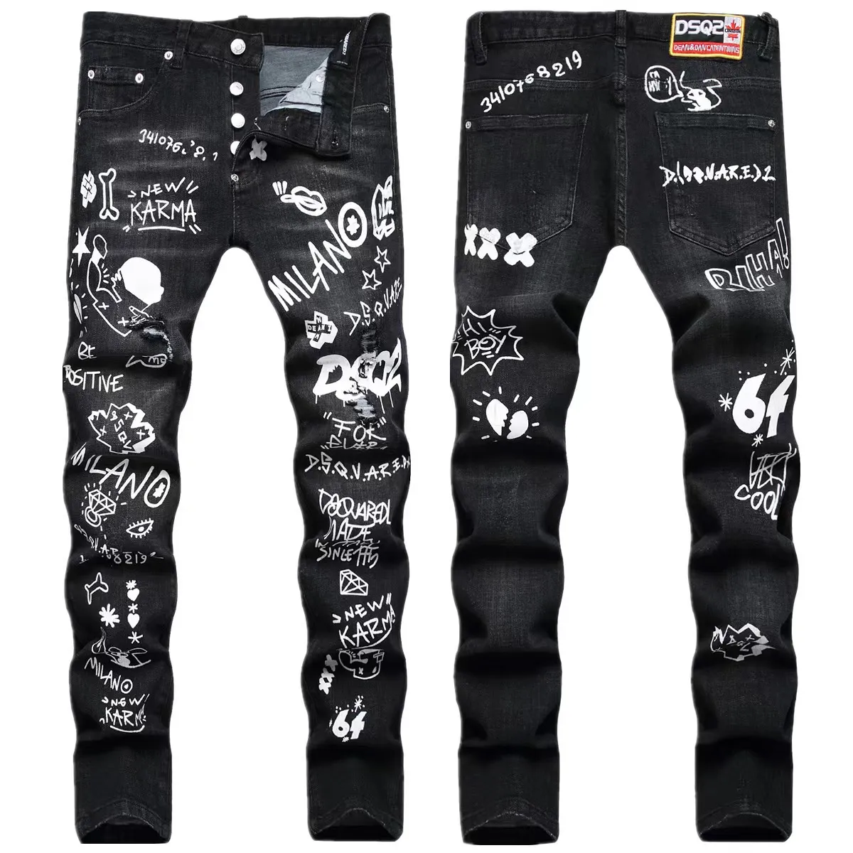 DSQ JeansEuropean Hot Men Jeans Hole jasnoniebieska Włoska marka Streetwear spodnie Streetwear denim Skinny Slim Straight Leg Jeans 100% bawełna DSQ Zipper Graffiti