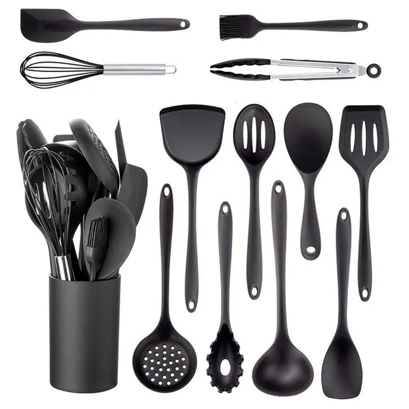 Parties de cuisine Jankng Black Silicone Kitchen usfreintes antiadhésive outil de cuisson spatule Souche à œufs batteurs de soupe à soupe Cuisine 230217