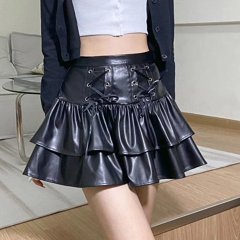 Skirts PU Leather Sexy Skirt Women Streetwear Punk Lace-up High Waist Slim Black Harajuku Gothic Office Lady Mini Pencil