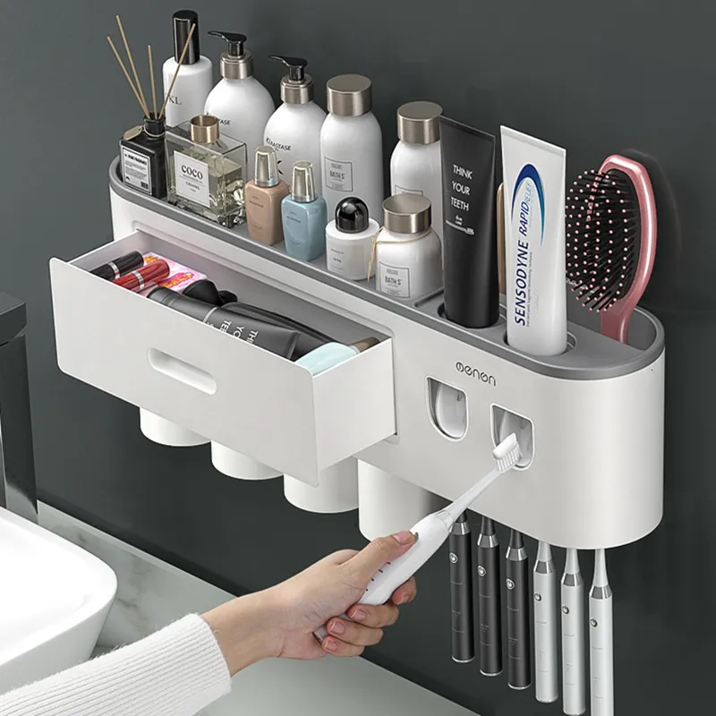 Toothbrush Holders Magnetic Adsorption Inverted Holder Automatic Toothpaste Squeezer Storage Rack with Gargle Cup Bathroom Accessories 230217