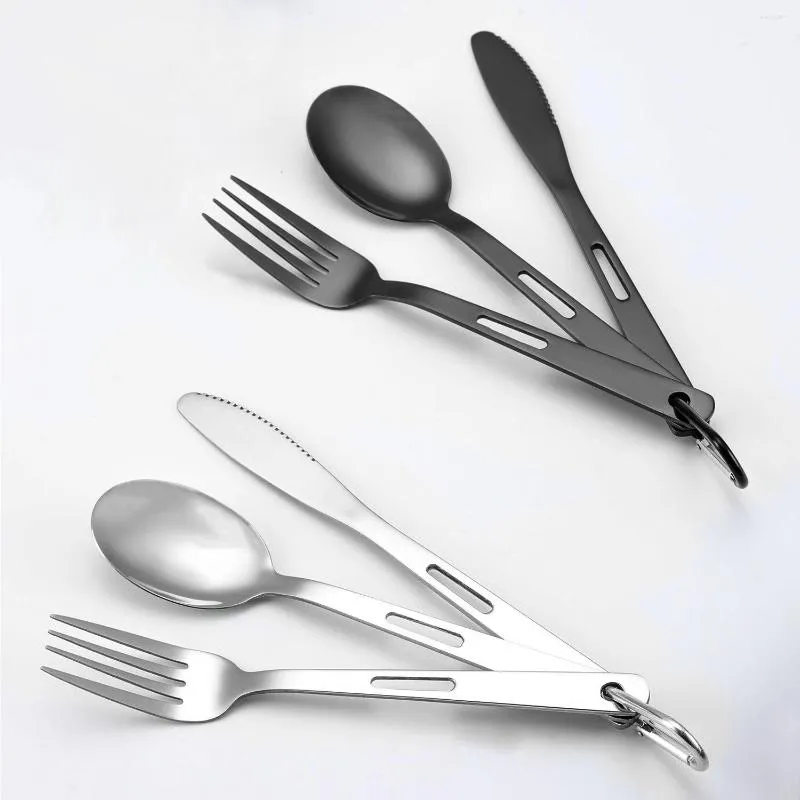 Set di stoviglie 3 pezzi / set Set di posate da esterno Acciaio inossidabile Ultra leggero Coltello Forchetta Cucchiaio Viaggi Campeggio Picnic Stoviglie portatili