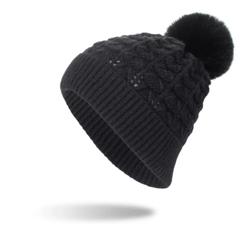 Beanies Beanie/Skull Caps Women Girls Winter Suching Beanie Hat暖かいウールのニット帽子とフェイクファーPOMサーマルスラッチスカルキャップ