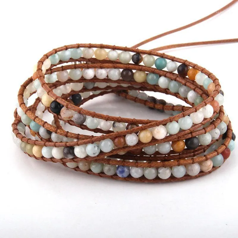 Bracelets de charme Mode Femmes Bijoux Bracelet en cuir marron fait à la main 5 brins 4mm pierres naturelles Wrap Dropshippers1