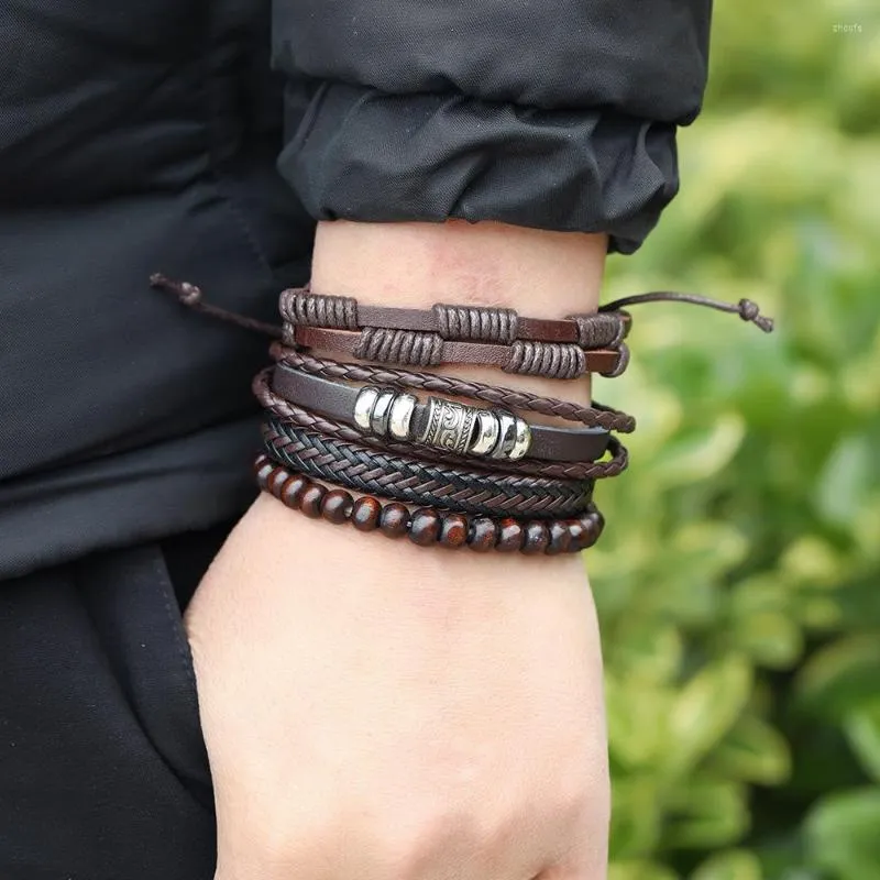 Bracelets porte-bonheur Corde Bracelet en cuir pour homme Acier inoxydable Cuir de vachette marron Mode Multicouche Homme