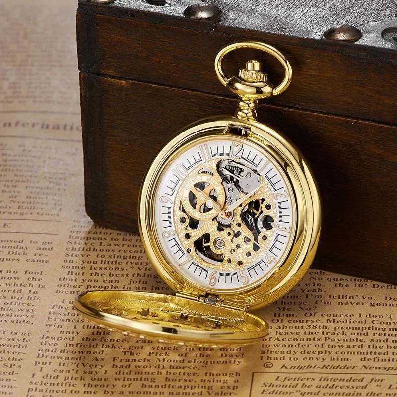 Pocket Watches Original Ouyawei Luxury Mechanical Hand Wind Watch Mens rostfritt stål Guldfodral Steampunk Hombre Relogio