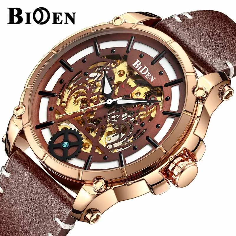 Orologi da polso Orologio da uomo BIDEN Orologi meccanici automatici freddi di lusso Scheletro marrone Uomo Steampunk Punk Orologio maschile Relogio Masculino