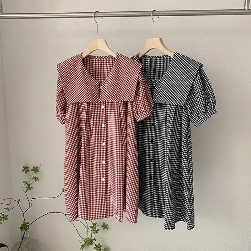 Party Kleider Koreanischen Stil Sailor Kragen Plaid Frauen Kleid Sommer Mode Kurzarm Shirtdress-gurt-taillen Casual Lose Einreiher Weibliche