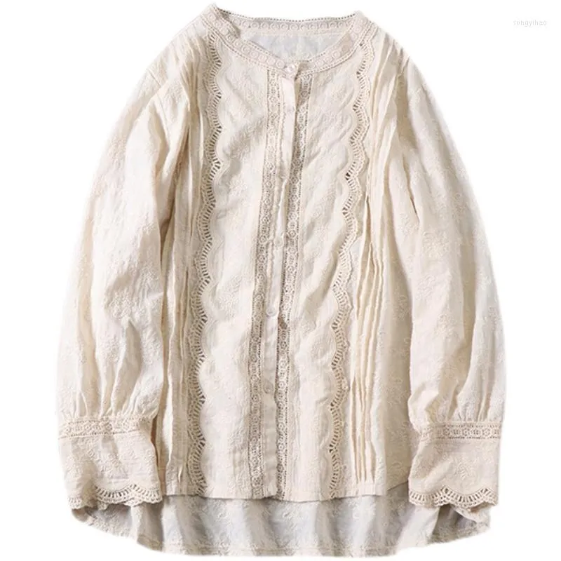 Women's Blouses Forest Mori Girl Lace geborduurd Pure Cotton Spring Pop Shirt Lolita Lange Mouw Basic Tops Women Blusas Femininas