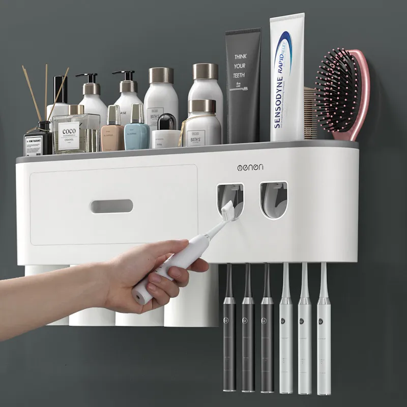 Portaspazzolini Adsorbimento magnetico Supporto invertito Doppio distributore automatico di dentifricio a parete Accessori per il bagno 230217