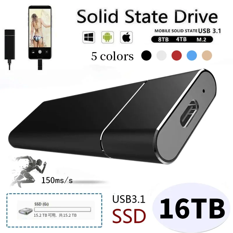 Nuovo SSD portatile 1TB Disco rigido a stato solido esterno Capacità di massa Dispositivo di archiviazione mobile Tipo-C per computer/Laptop/Mac USB 3.1