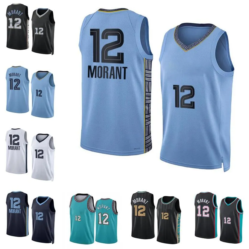 Maglia da basket cucita Ja Morant S-XXL 2022-23 versione da città Uomo Donna Maglia giovanile blu bianco nero verde