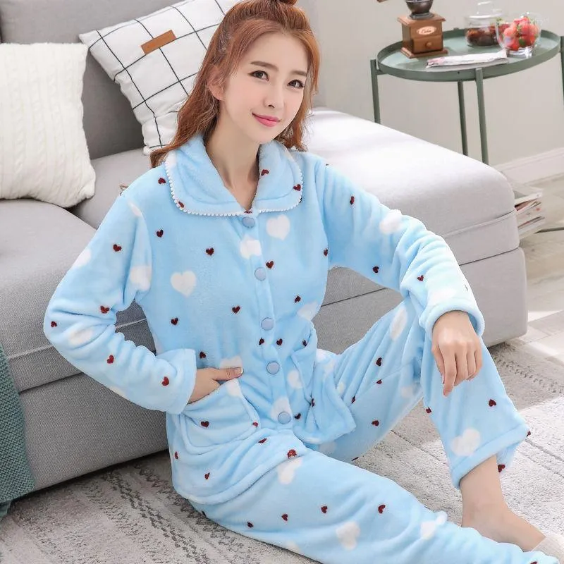 Pigiama invernale da notte da donna Set da donna in flanella Girocollo Cartoon Pigiama caldo spesso Cute Animal Homewear femminile