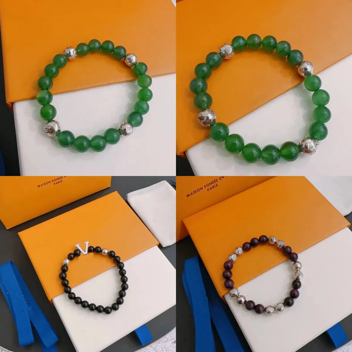 Classique Vert Agate Chakras Bracelet Perlé Femmes Designer Bracelets Argent Plaqué Lettre Sculpture Couple Bijoux De Mariage