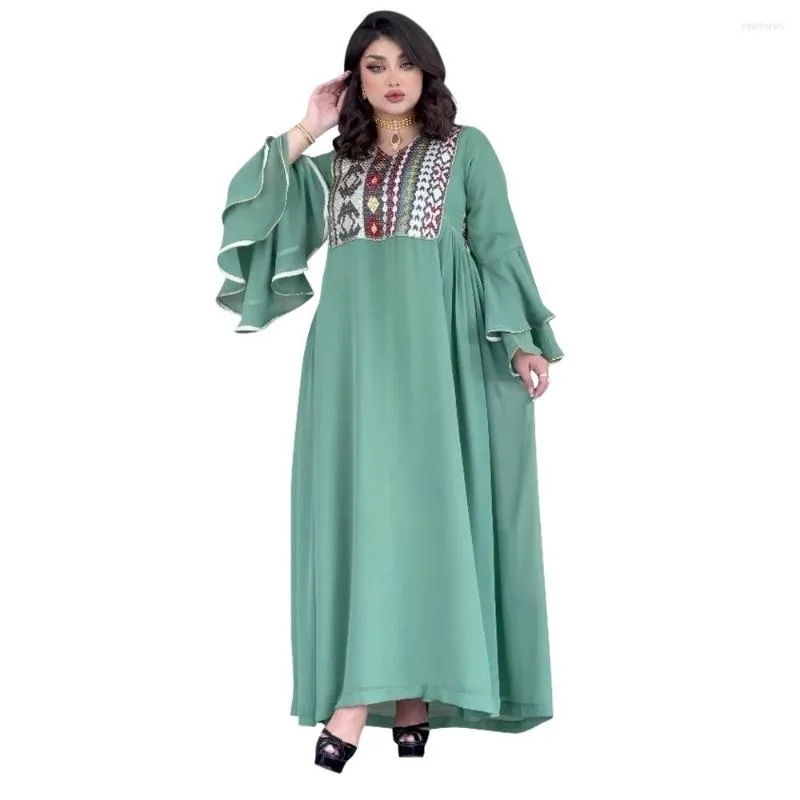 Ethnic Clothing Light Green Chiffon Arabic Robe Flare Sleeves Sequins Elegant Middle East Muslim Abaya Vestidos Musulmanes Longue Mabche