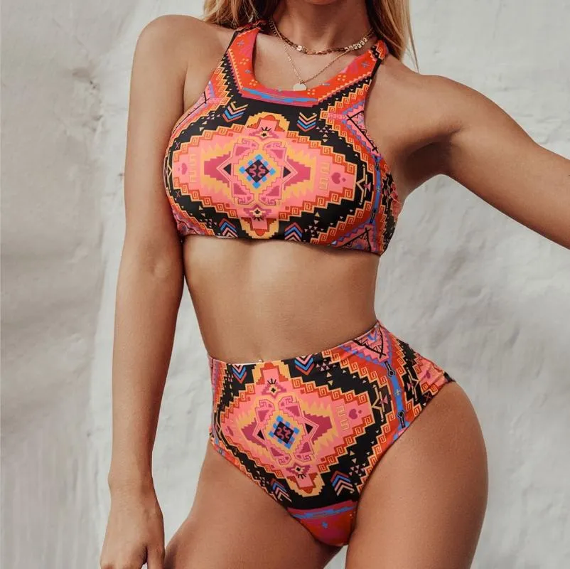 Women's Swimwear MJKBH European And American Split High Waist Bikini Internet Celebrity Color Positioning Digital Printing Swimsuit Ladies