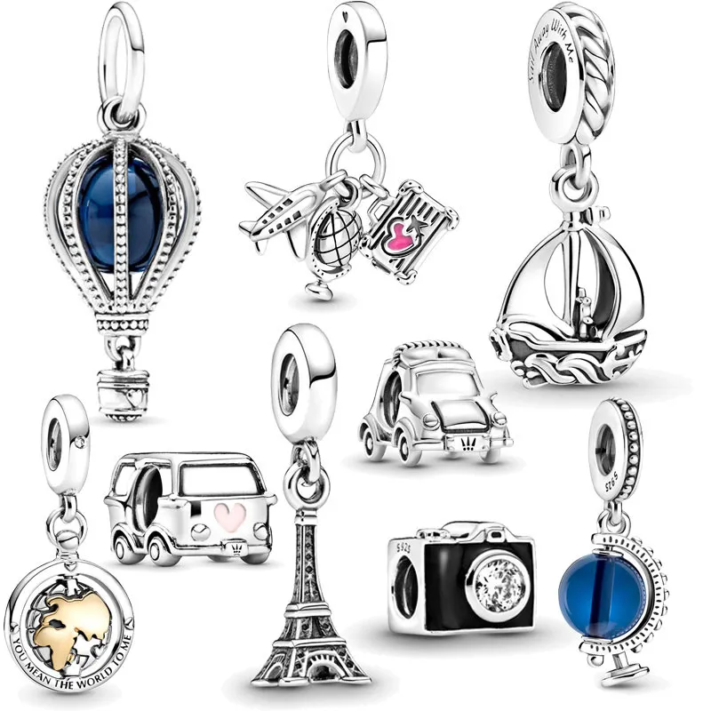 Véritable 925 en argent Sterling voiture ballon à Air chaud voile Globe avion bricolage pendentif breloque ajustement Original Pandora Bracelet breloque