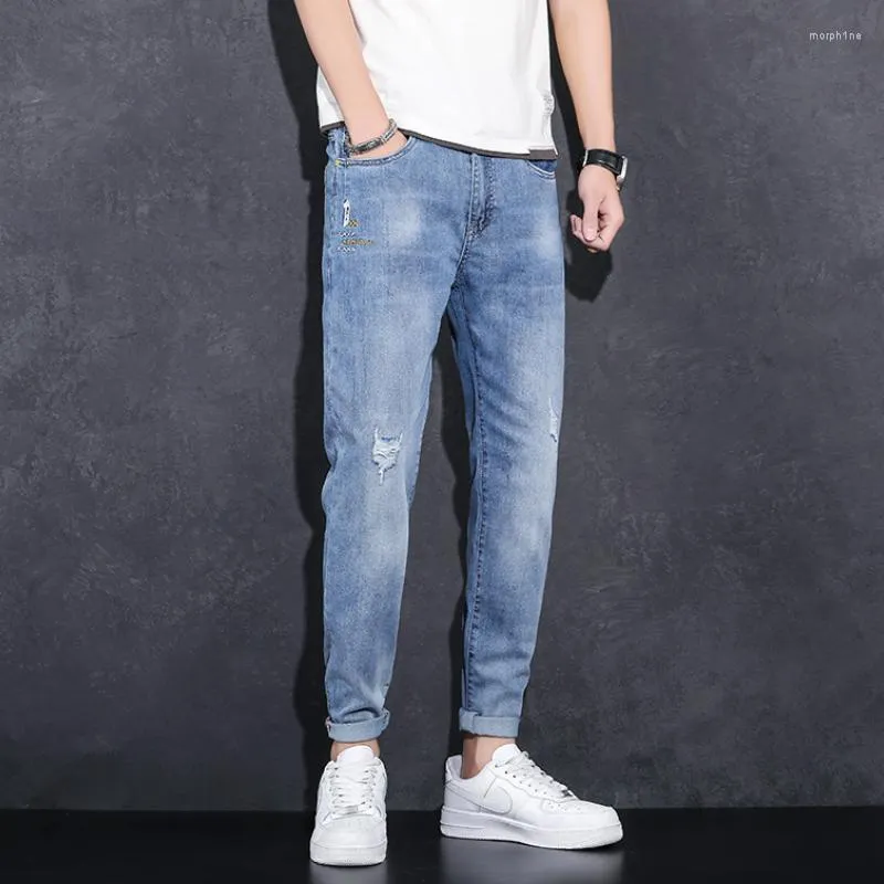 Men's Jeans Y2k Streetwear For Men High Street Fashion Clothing Slim Ripped Mid Waist Cropped