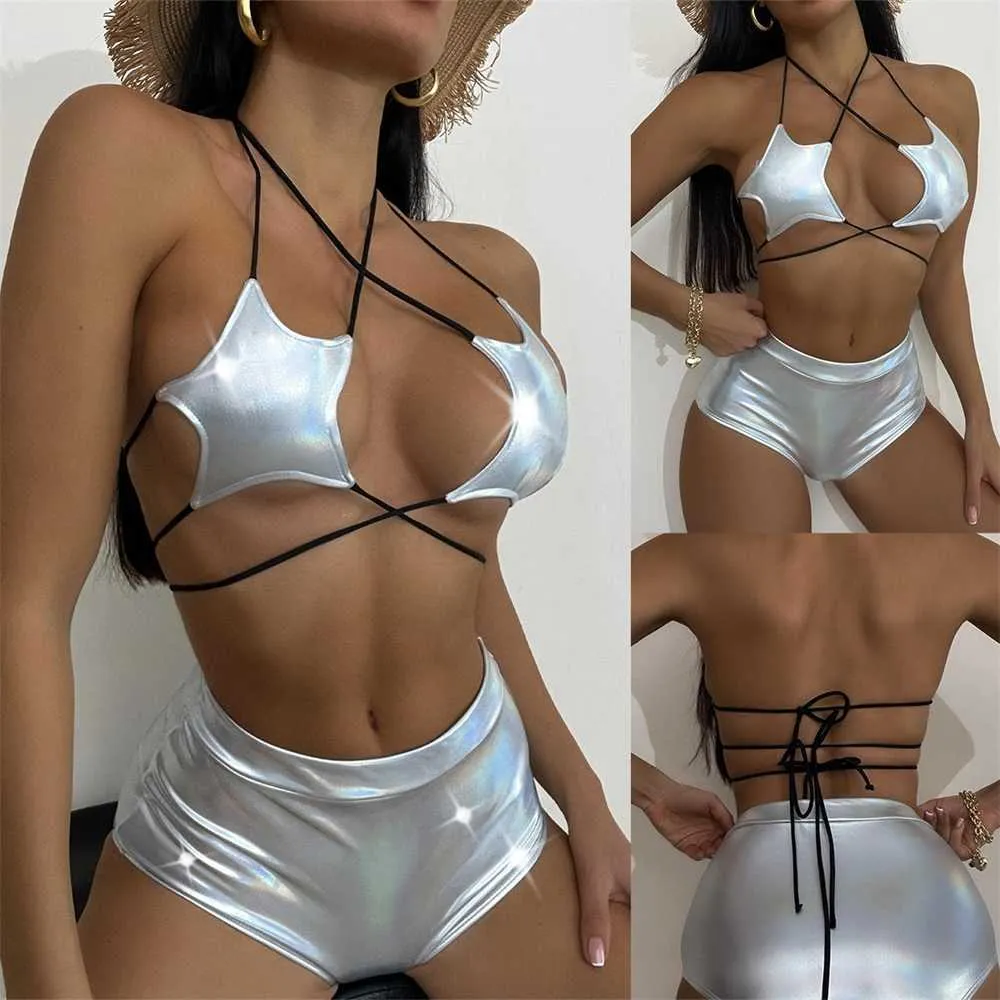 2023 Designer Swimwear Bikini Set Custom Sexy High Taille Silver Metallic Bikinis Top Halter Tie Split Two Pieces Dames Zwemkleding