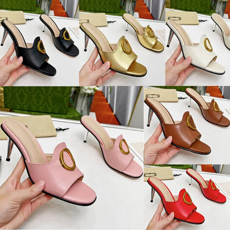 2023 Designer pure color Square toe slippers Womens fashion Luxury leather Metal buckle available variety colors outdoor High heel Sandals lady Stiletto heel shoes