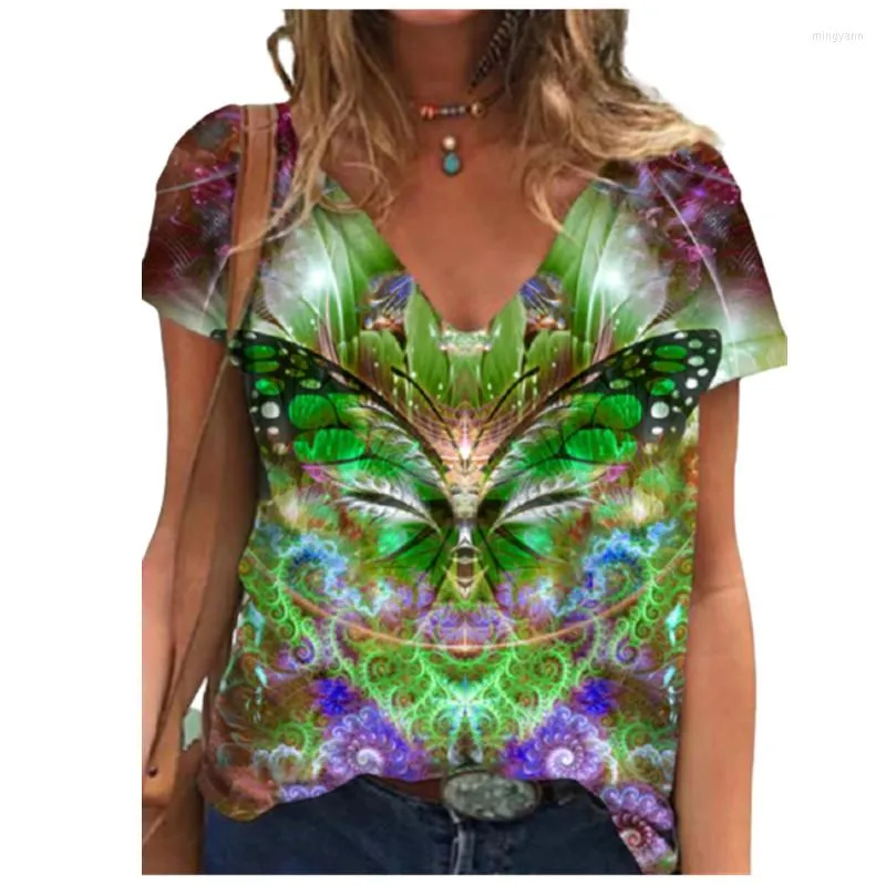 Kvinnors T-skjortor Summer Short Sleeve V-Neck Casual Streetwear Topps Kvinnlig lös skjorta 3D Abstract Animal Farterfly Print Women