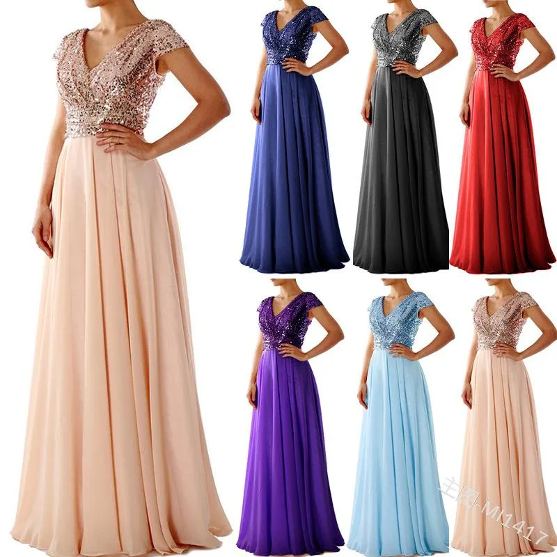 Party Dresses 2023 Summer Maxi Dress V-neck Sequins Chiffon Stitching Evening Long