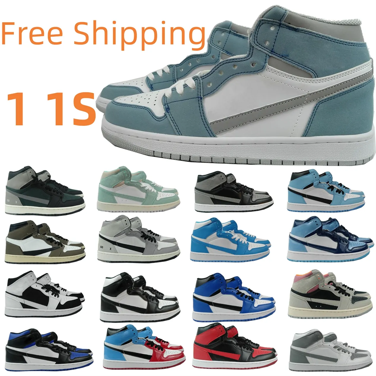 Jumpman 1 1s Blue Sneakers Breathable Basketball Shoes Black White Silver Men Women Trainers Walking Jogging Shoes Outdoor Running Shoes