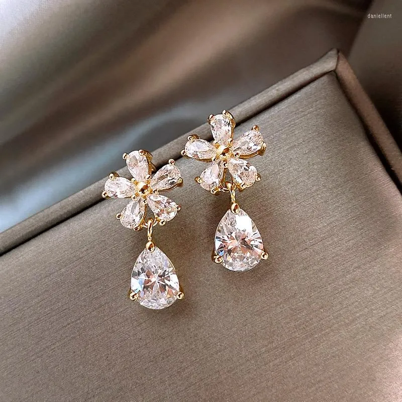 Boucles d'oreilles de luxe en strass, Design floral, en forme de goutte d'eau, en Zircon, pour femmes et filles, bijoux de fête à la mode coréenne