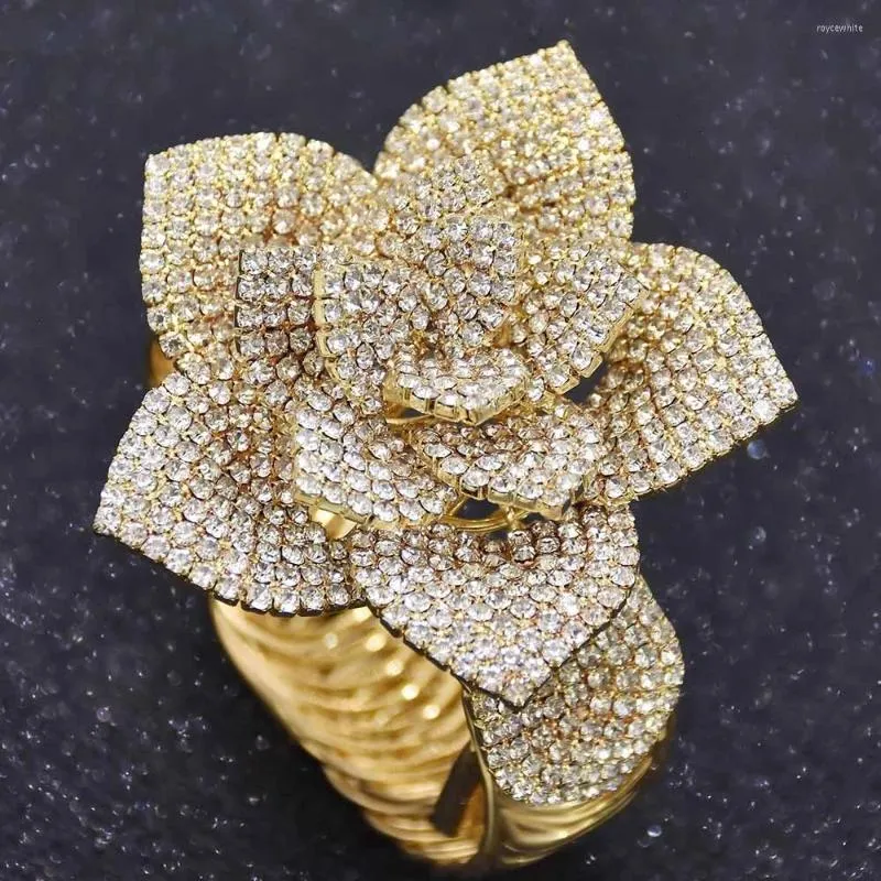 Bangle Luxury Big Rose Flower Open Cuff Bangles For Women Bridal Crystal Rhinestone Wedding Party Jewelry Valentine's Day Gift