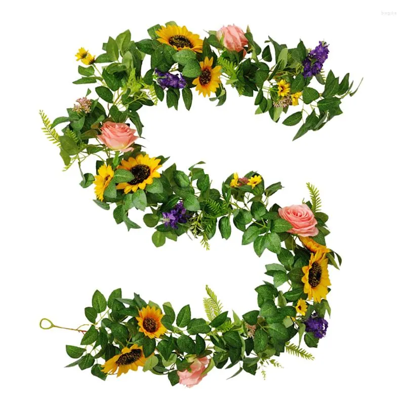 Dekorativa blommor Solros konstgjord Garland Fake Vine Rattan Silk Wedding Hanging Sunflowers Lövverk lämnar Party Ivy Decor Diy