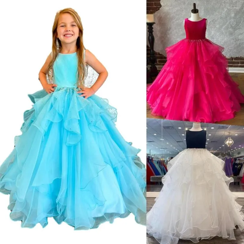 Girl Dresses Kids Ballgown Pageant Dress 2023 Velvet Bustier Organza Ruffled Tiers Skirt Magenta Sky-Blue Black/Ivory Flower Girls Party