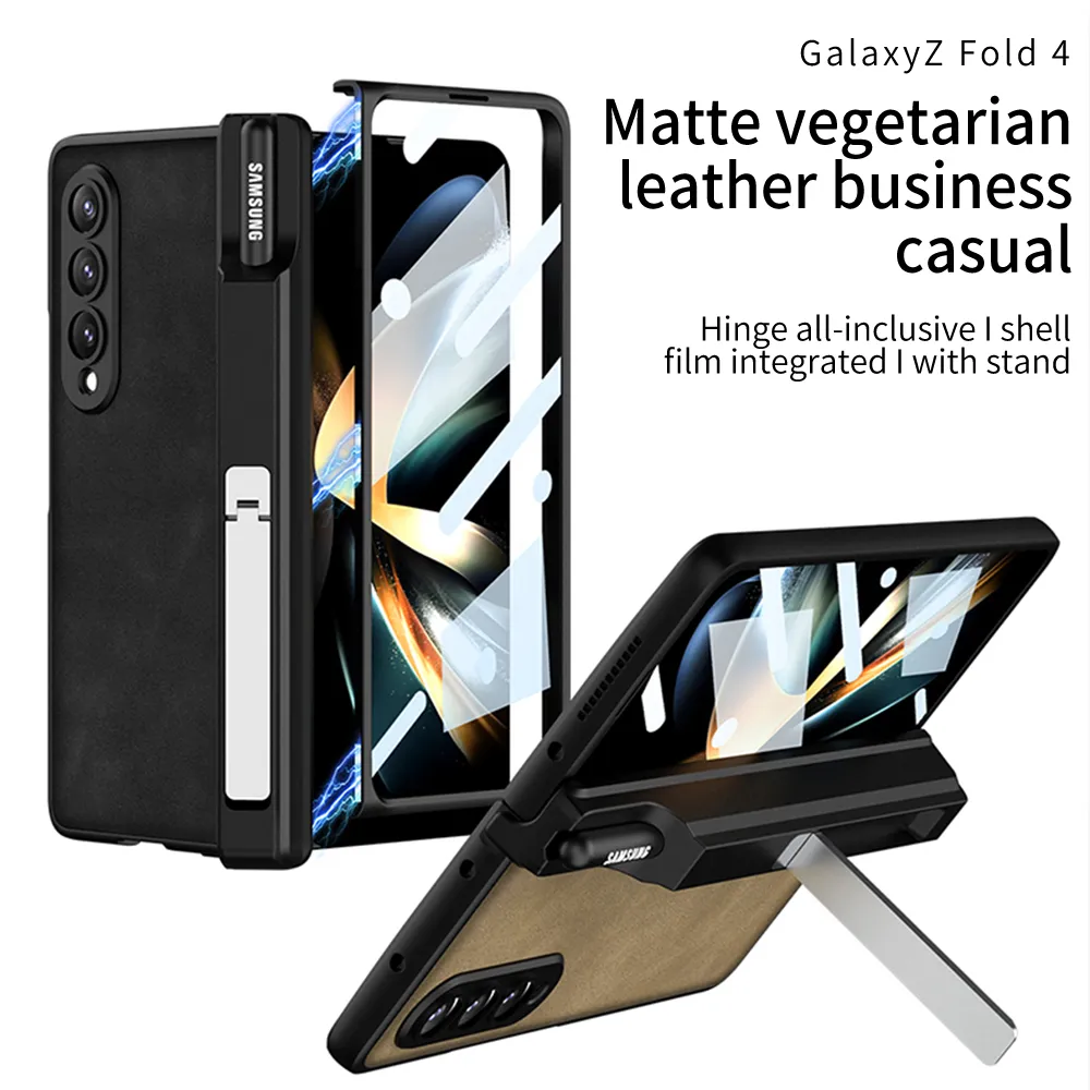 Matt läderfodral för Samsung Galaxy Z Fold 4 Case Pen Holder Stand Hinge Glass Film Screen Cover
