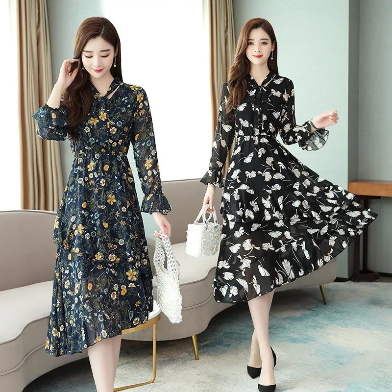 Casual Dresses DROWYD Mode Mädchen Chiffon Print Midi Kleid Frauen Schwarz Böhmischen Plus Größe Elegante Blumen Club Party Vestido