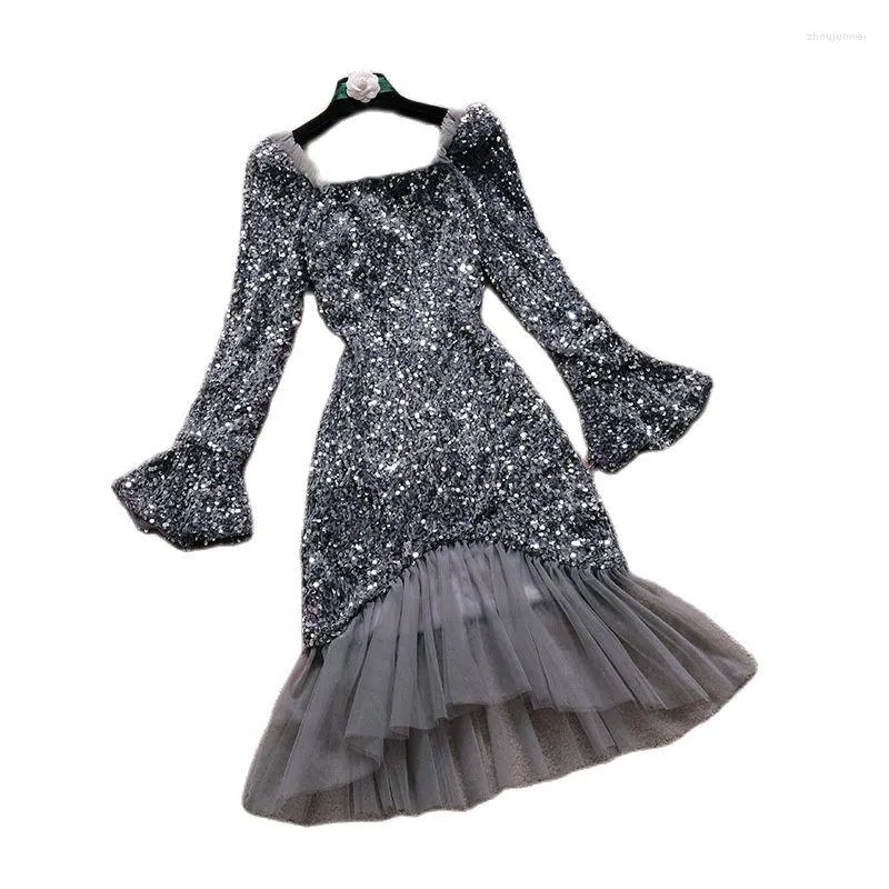 Party Dresses N178 Black Grey Sequin Cocktail Dress Lady Women Winter Square Neck Ruffle Sleeve Mermaid Prom Girl Female Robe