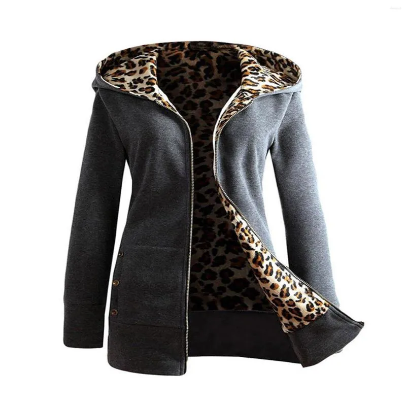 Women's Jackets Travel Sweatshirt Women Velvet Thicker Hooded Long Sleeve Leopard Zipper Coat Overcoat Zip Up Womens Jacket