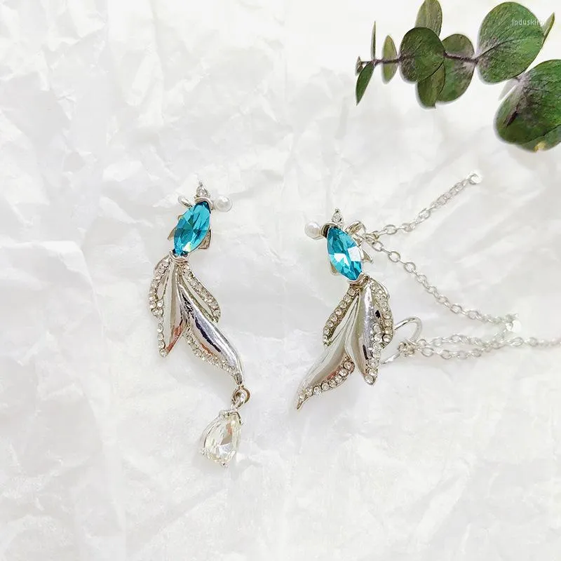 Dingle örhängen lång asymmetriskt flöde Su Tide Blue Koi Fashion High-klass Ear Buckle Zircon Pearl Wholesale