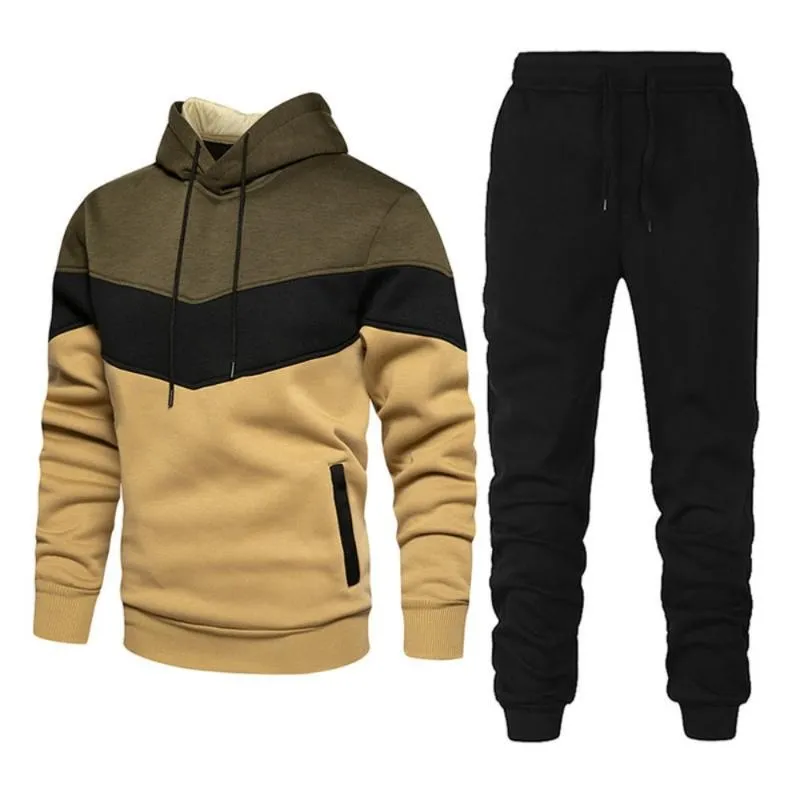 Men's Tracksuits Sports Suit Fashion Casual Patchwork Hooded Sweater Trousers Two-piece SetMen's