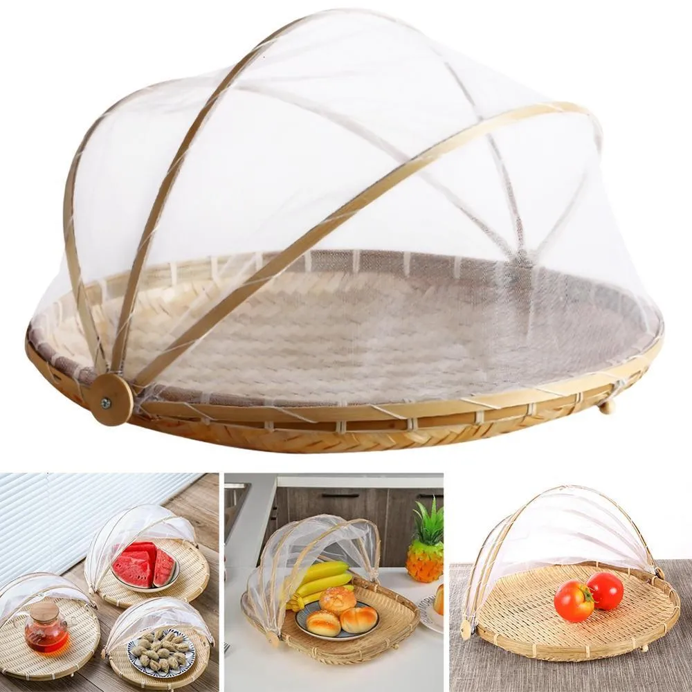 Other Kitchen Tools Hand-Woven Food Serving Tent Basket Tray Fruit Vegetable Bread Storage Simple Atmosphere Outdoor Picnic Mesh Net Cover 230217