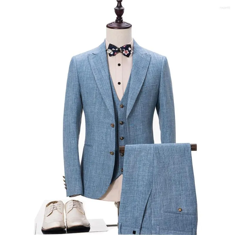 Мужские костюмы на заказ на заказ, светло -голубые смокинги, костюм Homecoming Linen Wedding Groom Prom Tuxedo Business Plus Size